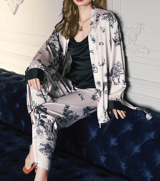 WHITE & BLACK SILKY SATIN LOUNGEWEAR SET- Femmine