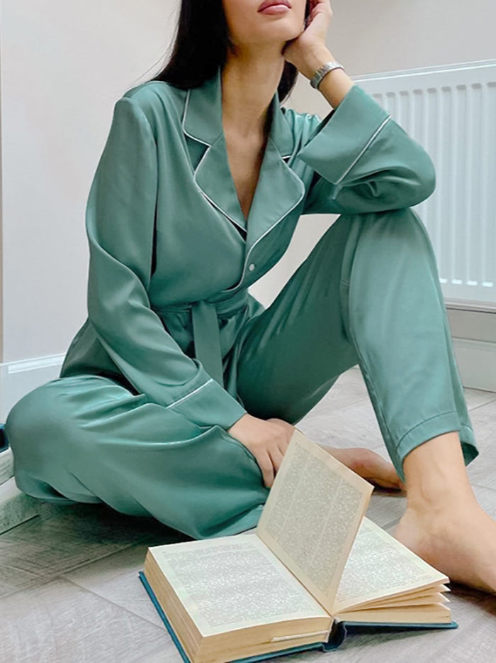 SATIN GREEN LOUNGEWEAR SET - Femmine